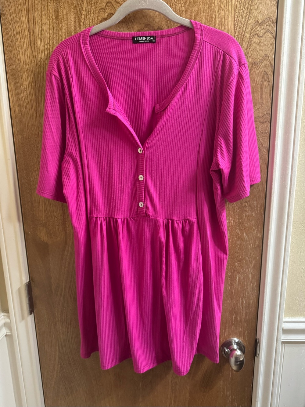 Hemish USA Half Button Babydoll Ribbed Top Fuchsia Pink Stretch Tunic 2X Plus